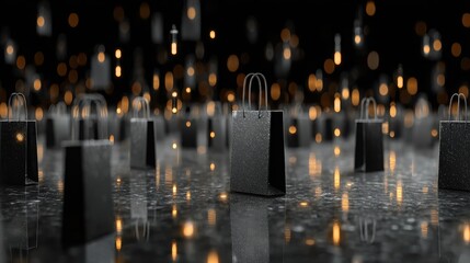 Shopping Bag Galaxy: A captivating scene featuring a multitude of sleek, black shopping bags, delicately scattered, with the twinkling lights in a dark, atmospheric setting.