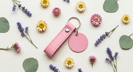 Obraz premium Pink leather keychain surrounded by flowers and eucalyptus leaves on white background