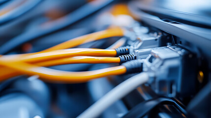 A network of brightly colored data cables plugged into a central system. Connection and communication through cables in close view. Data transmission.