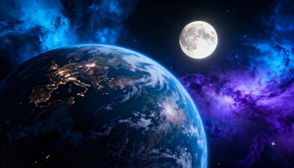 Naklejka premium Celestial observation earth and moon space digital art cosmic environment aerial view astronomy concept