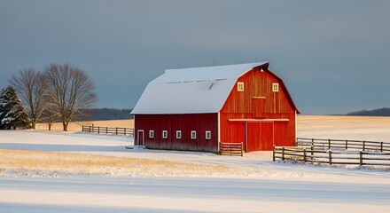 Red barn stands proudly in snow covered midwestern landscape winter