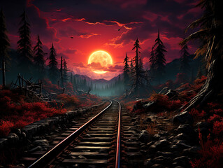 Mysterious Forest Landscape Featuring Railway Tracks Leading into the Horizon