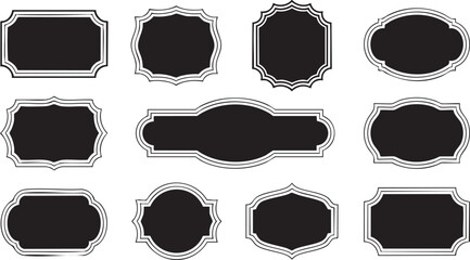 Black decorative label silhouettes, vintage frame shapes, retro outline badge, ornate geometric borders, empty tag design graphics, shield elegant royal crest emblem, retro sticker. Vector set