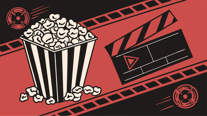 Retro movie night vibe: Popcorn and clapperboard create a nostalgic cinema feel, perfect for film festivals or home theatre promotions