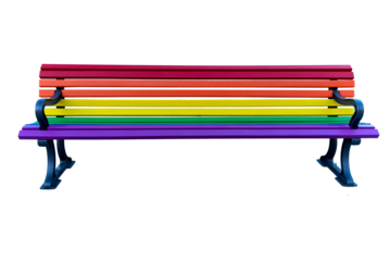 Park bench with rainbow colors.