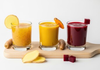Three glasses of colorful healthy juices, smoothies, or detox drinks with ginger and beetroot, served on a wooden board