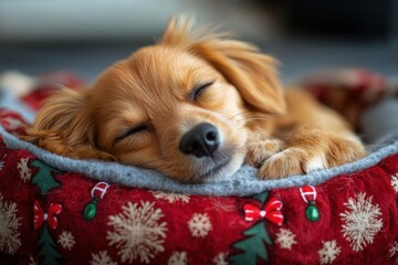 Dog sleeping on Christmas pillow.