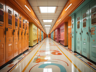 School Corridor with Lockers and Inspiring Educational Elements Along the Walls