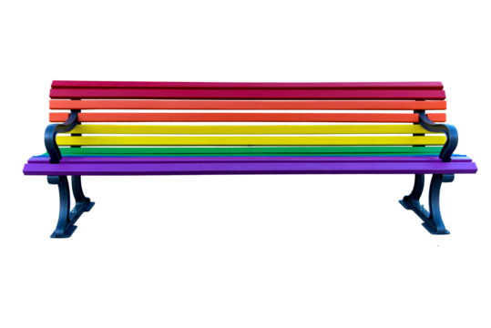 Park bench with rainbow colors.