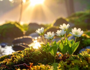 Delicate white wildflowers bloom beside a mossy stream with warm sunlight