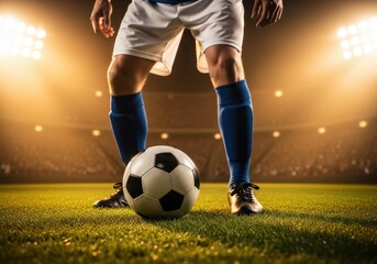 Naklejka premium Soccer player standing on field with ball, stadium lights in background