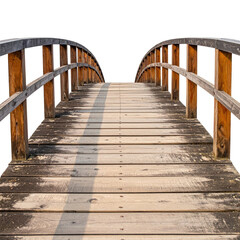 Obraz premium Aged wooden bridge, arched walkway with railings. Black background, perspective view
