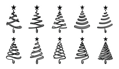 Hand drawn christmas trees with stars festive holiday illustrations for seasonal greeting cards and decorations isolated on white background