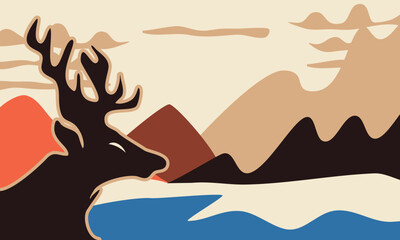 Majestic Stag Illustration in Misty Mountain Forest, Wildlife Nature Art