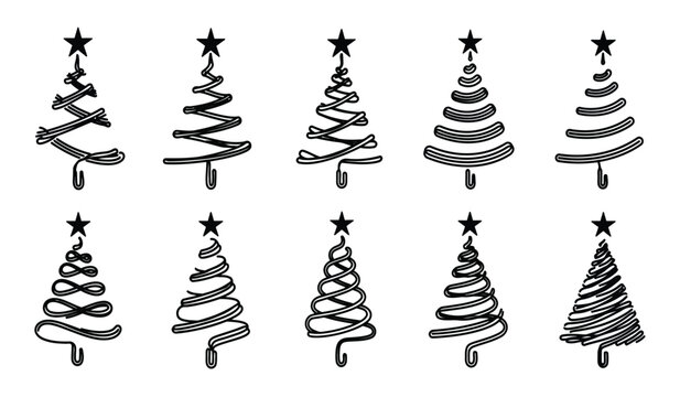 Hand drawn christmas trees with stars festive holiday illustrations for seasonal greeting cards and decorations isolated on white background