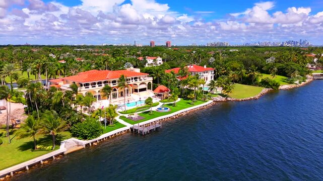 Luxury waterfront real estate Miami Coral Gables. Aerial 4k 24p stock video clip