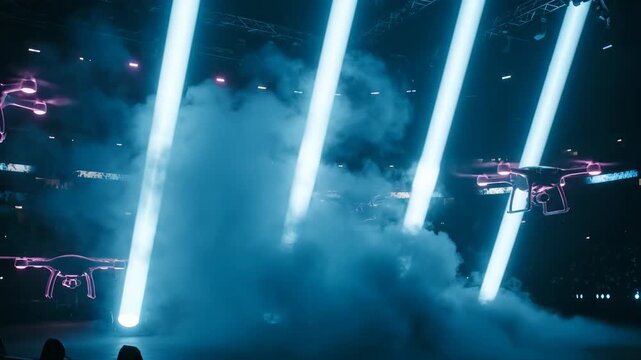 Low-angle shot of multiple illuminated drones performing a synchronized flight show with bright beams of light and smoke indoors, creating a futuristic and technological