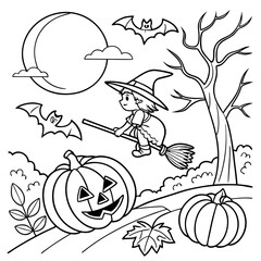 vector illustration of happy halloween black and white coloring page