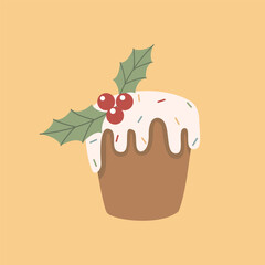 Christmas pudding with icing and holly berries festive vector illustration