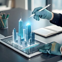 &ldquo;A close-up of a digital architect's hand interacting with a 3D model of a futuristic city.&rdquo;