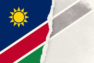 Fototapeta premium Conceptual artwork featuring a deconstructed representation of the Namibia flag alongside a textured, neutral toned backdrop suggesting themes of unity, separation, and artistic