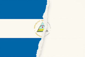 A symbolic image depicting a fractured version of the flag of Nicaragua, rendered with a torn paper...