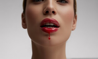 Obraz premium Close-up of a woman's face, lips are slightly parted, bright red gloss dripping. Pale skin, soft lighting