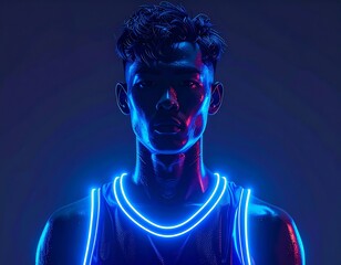 Portrait of a young Asian man in a basketball jersey illuminated by neon blue and pink lights