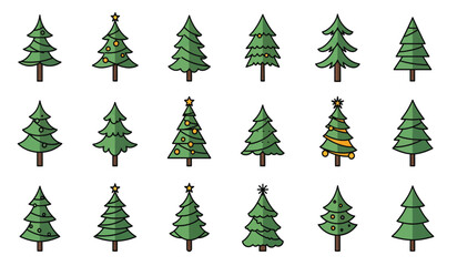 Obraz premium Collection of hand-drawn style festive christmas trees with varied green shades perfect for holiday design projects and seasonal decorations isolated on white background
