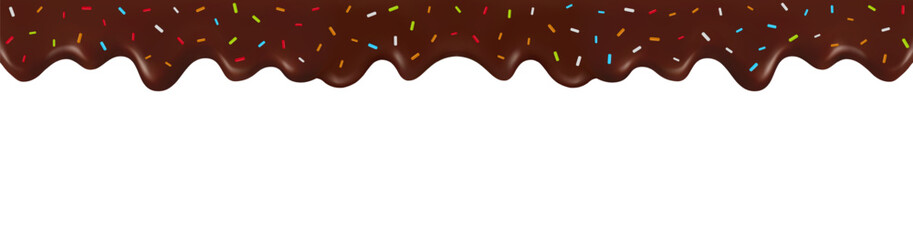 Dripping chocolate border. Sweet realistic cacao drops liquid with multicolor sugar sprinkles dripping on a white background. Vector illustration