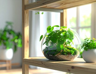 Lush green plants thrive in glass terrarium and white pot on wooden shelves near a sunlit window