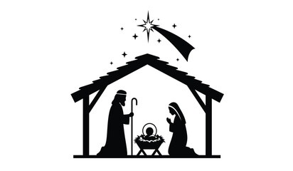 Nativity scene silhouette of mary joseph and baby jesus under a starry sky with a comet isolated on white background