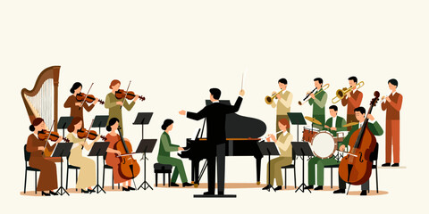 Orchestra Performance A Musical Ensemble Performing on Stage with a Conductor and Various Instruments