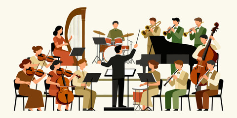 A vibrant illustration of a full symphony orchestra with a conductor leading a classical music concert performance