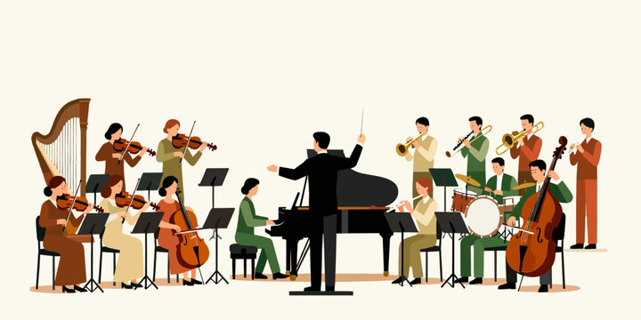 Orchestra Performance A Musical Ensemble Performing on Stage with a Conductor and Various Instruments