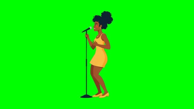 A young African American woman in a yellow dress singing into a microphone. Cartoon style, isolated on green screen, chroma key, footage, mockup, loop