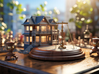 Gavel on table with a house in the blurred background symbolizing property auctions