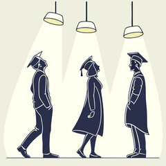 Vector art of graduates stand under the spotlight