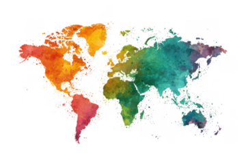 Colorful abstract world map with continents in vibrant watercolor splashes on transparent background