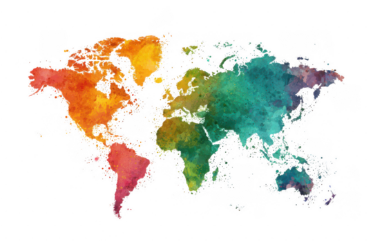 Colorful abstract world map with continents in vibrant watercolor splashes on transparent background
