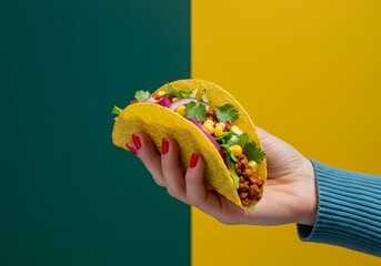 Delicious Mexican Taco Held Against a Vibrant Yellow and Green Background for Street Food Concept
