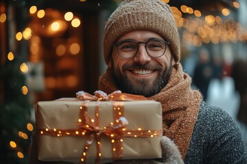 Man in hat and scarf holds present box.