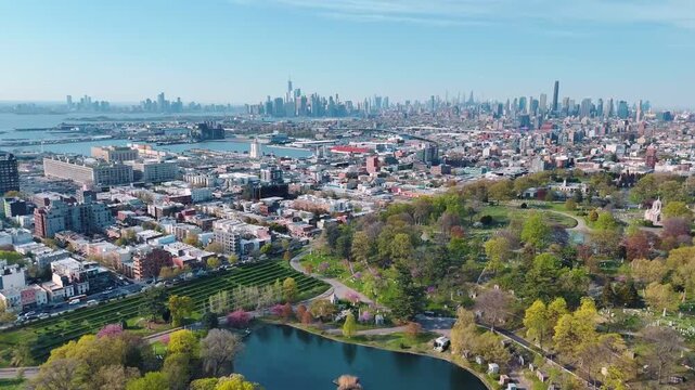 Aerial landscape of Manhattan skyline from Williamsburg Bedstuy Brooklyn in New York City NY