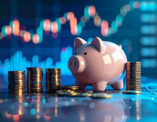Pink piggy bank with stacks of gold coins and blurred stock market graph background