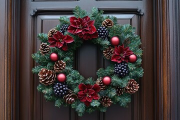 Christmas wreath hung on a door.