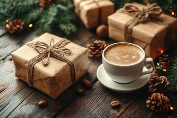 Gift box and coffee cup on table.