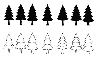 Obraz premium Collection of festive christmas tree silhouettes and hand-drawn outlines for seasonal decorations and winter holiday designs isolated on white background