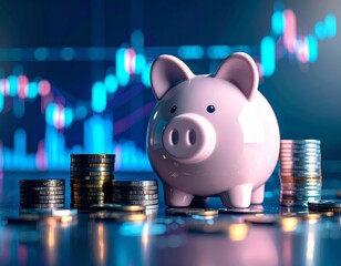 Pink piggy bank with stacks of coins and blurred financial chart background