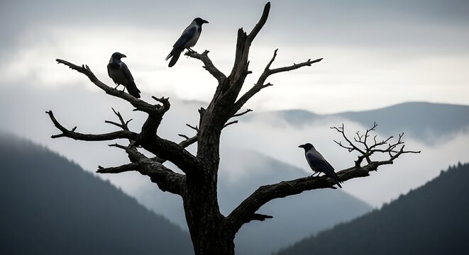 Three hooded crows perched on a bare tree against misty mountains