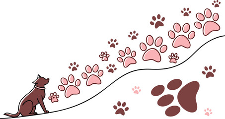 Adorable dog follows playful paw prints on a winding path, perfect for pet lovers, vets, groomers, fostering and adoption campaigns